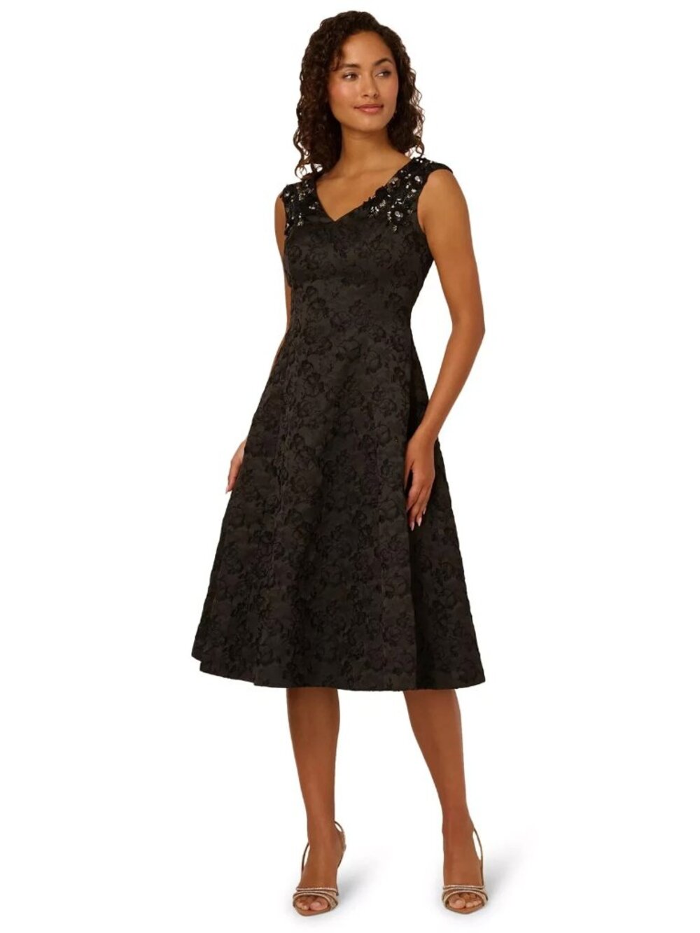 Adrianna Papell Black Embellished Floral Jacquard Midi Dress